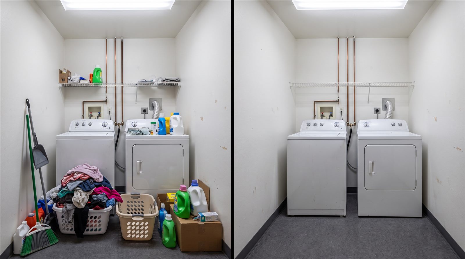 Before and after cleanup example of an included in-unit laundry amenity