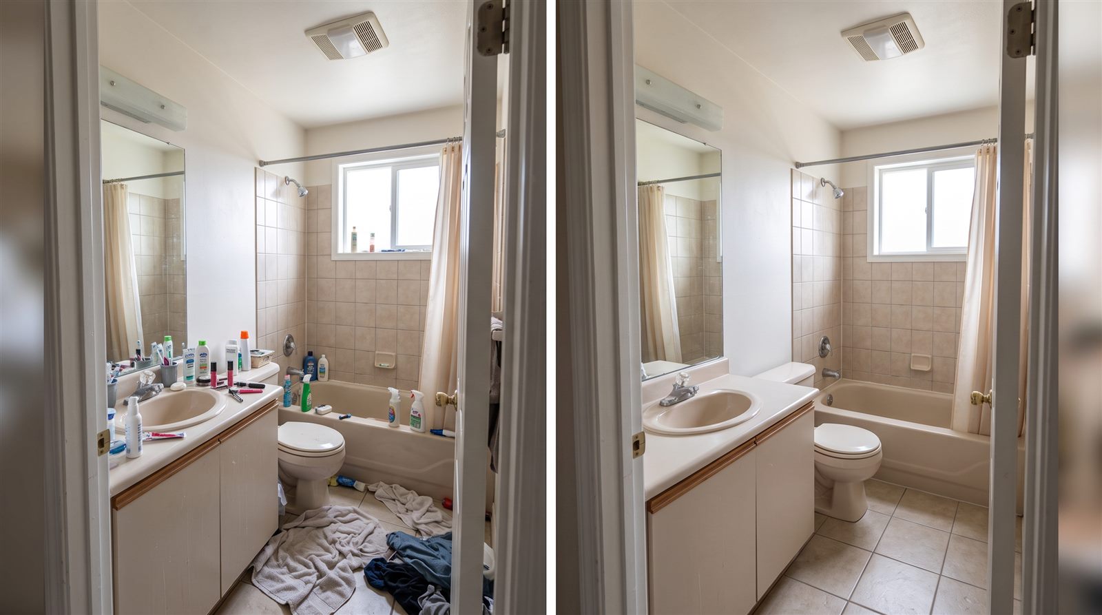 Before and after cleanup example of a rental bathroom with toiletries and laundry removed