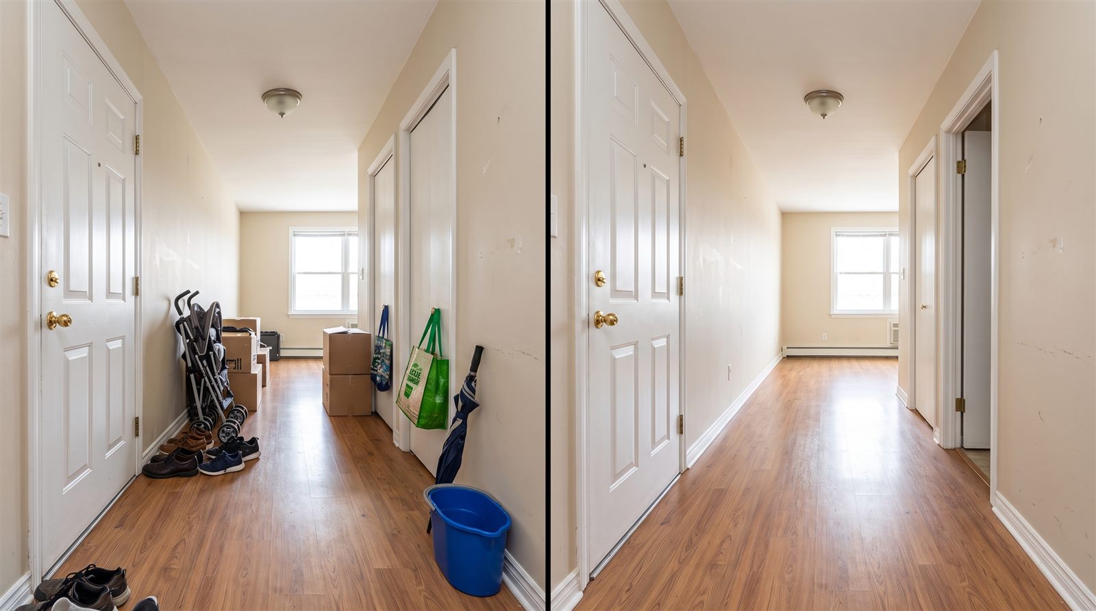 Before and after cleanup example of a rental entry hallway with the circulation path cleared