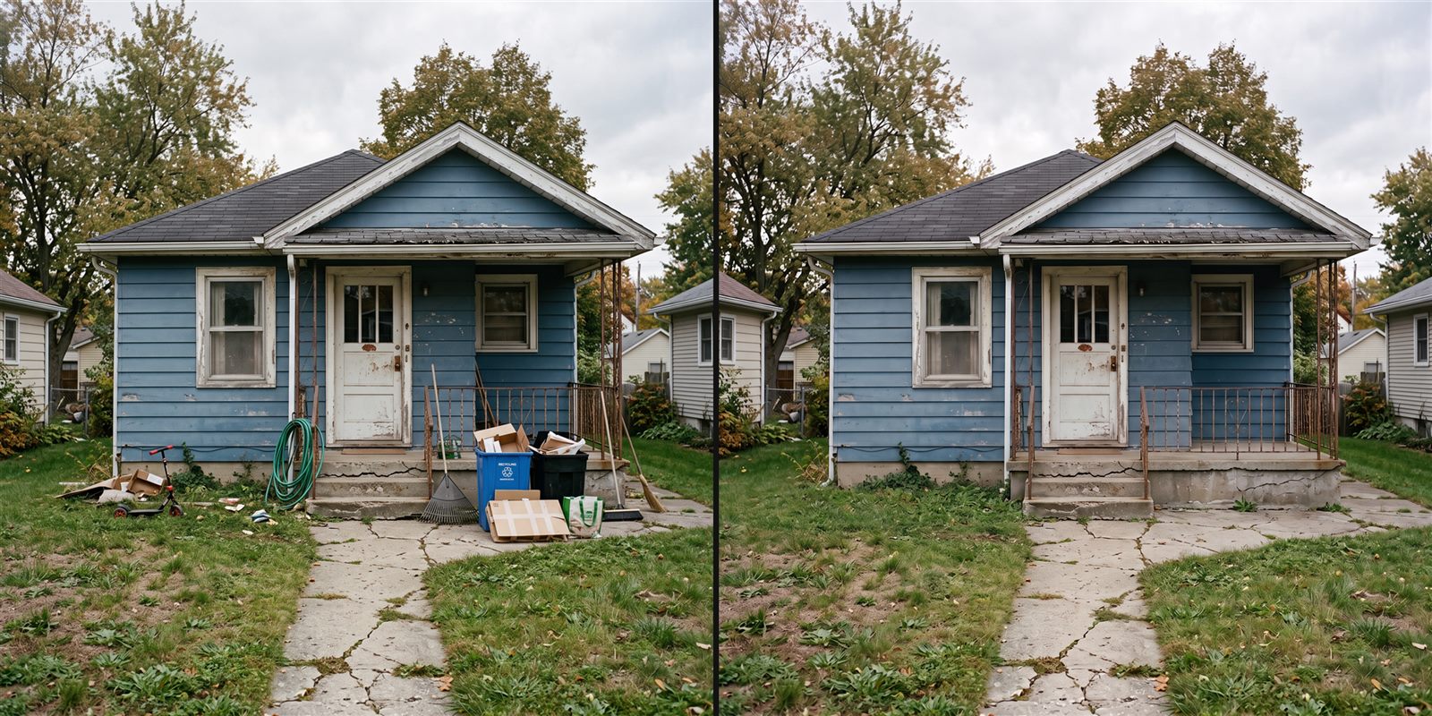 Before and after cleanup example of the same rental exterior with temporary entrance clutter removed
