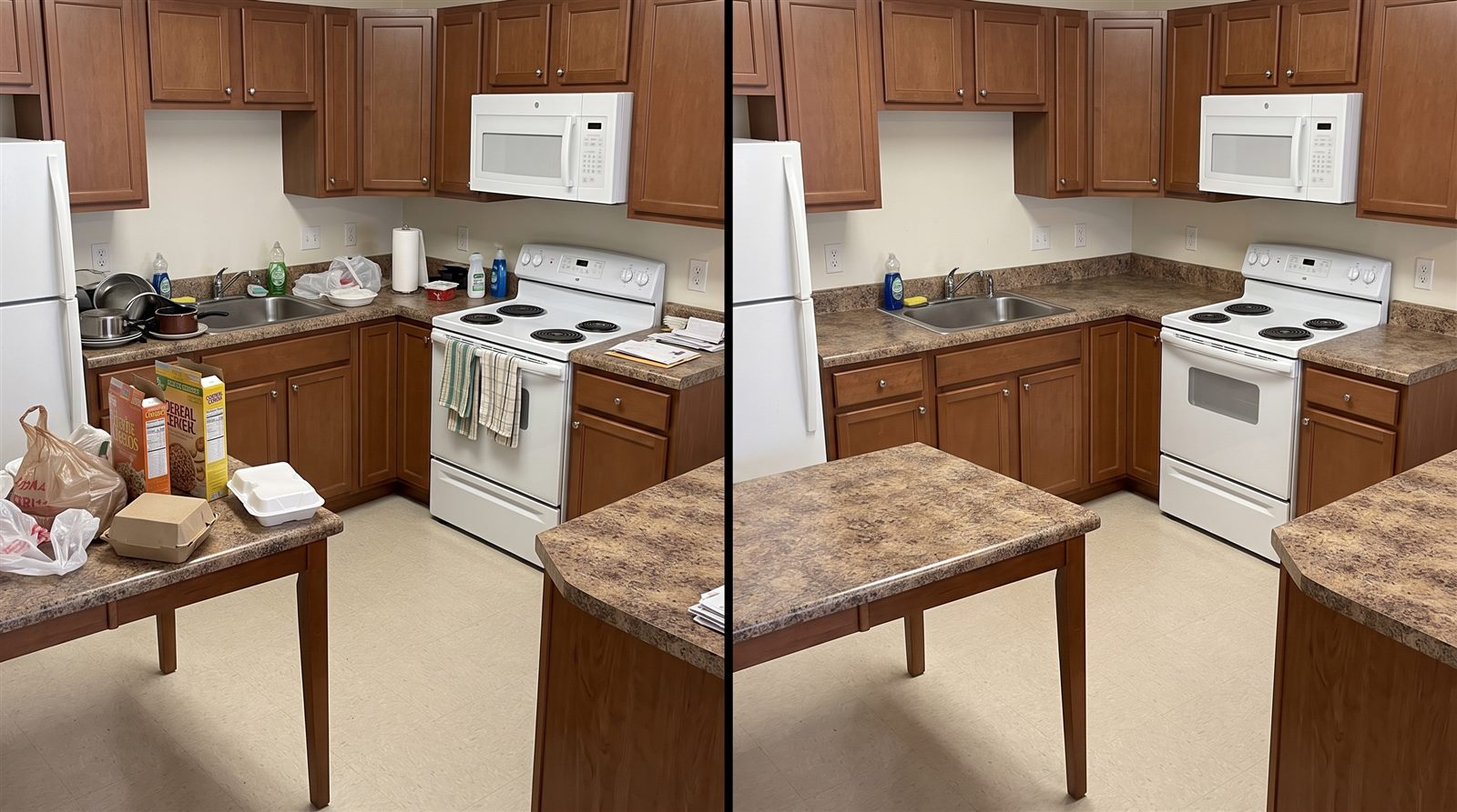 Before and after cleanup example of a rental kitchen with temporary counter clutter removed