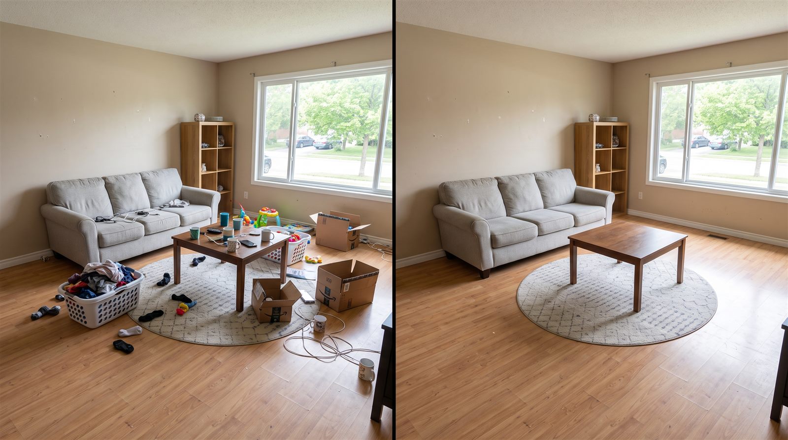 Before and after cleanup example of a cluttered rental living room from the same camera position