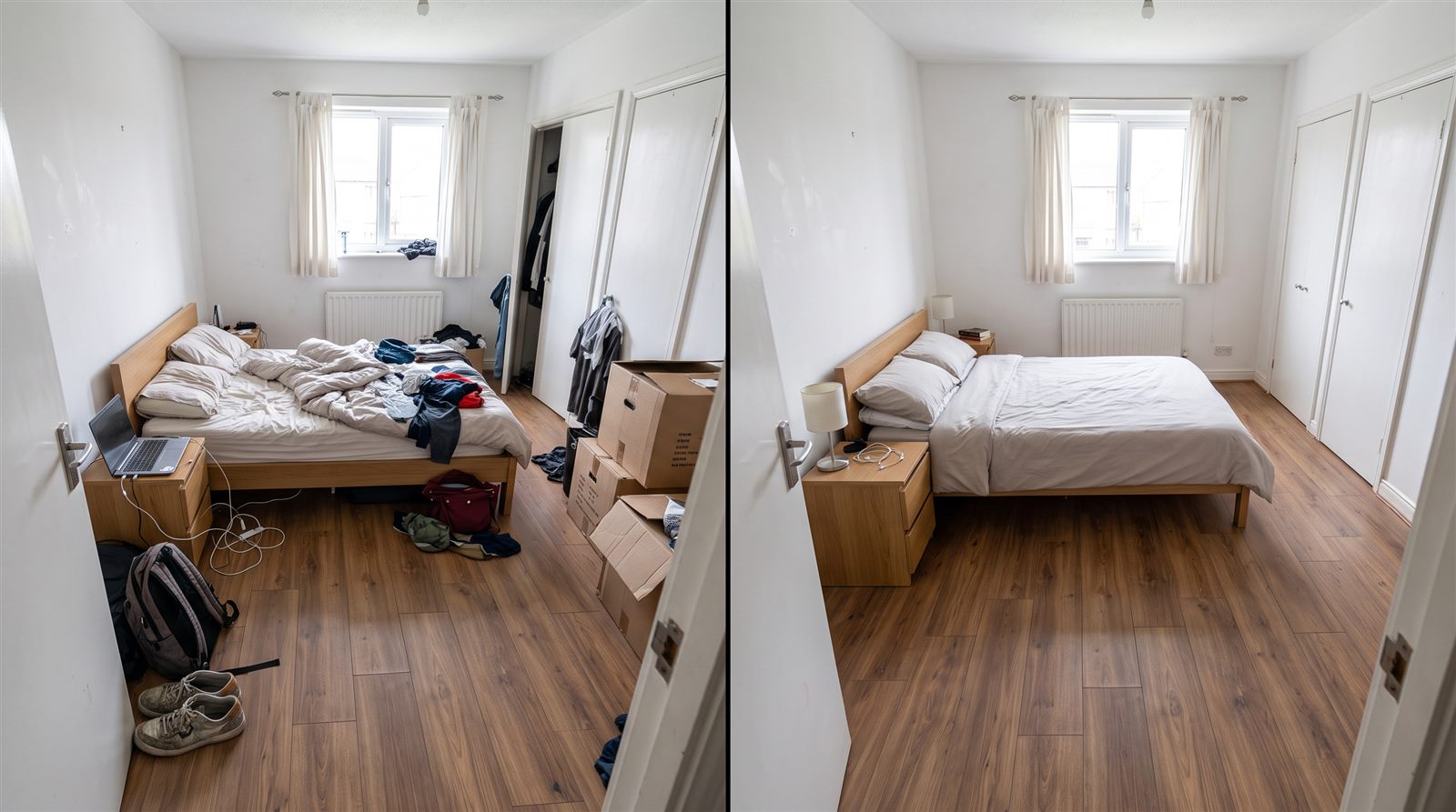 Before and after cleanup example of a primary rental bedroom with personal clutter removed