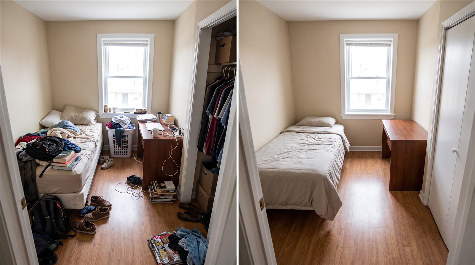 Before and after cleanup example of a small secondary rental bedroom from the doorway