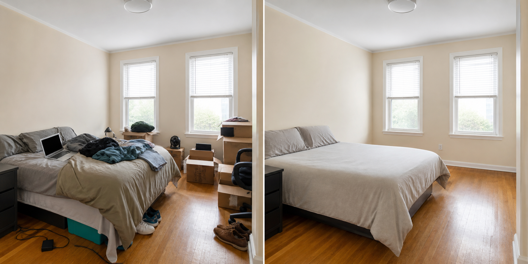 Before and after rental bedroom cleanup example