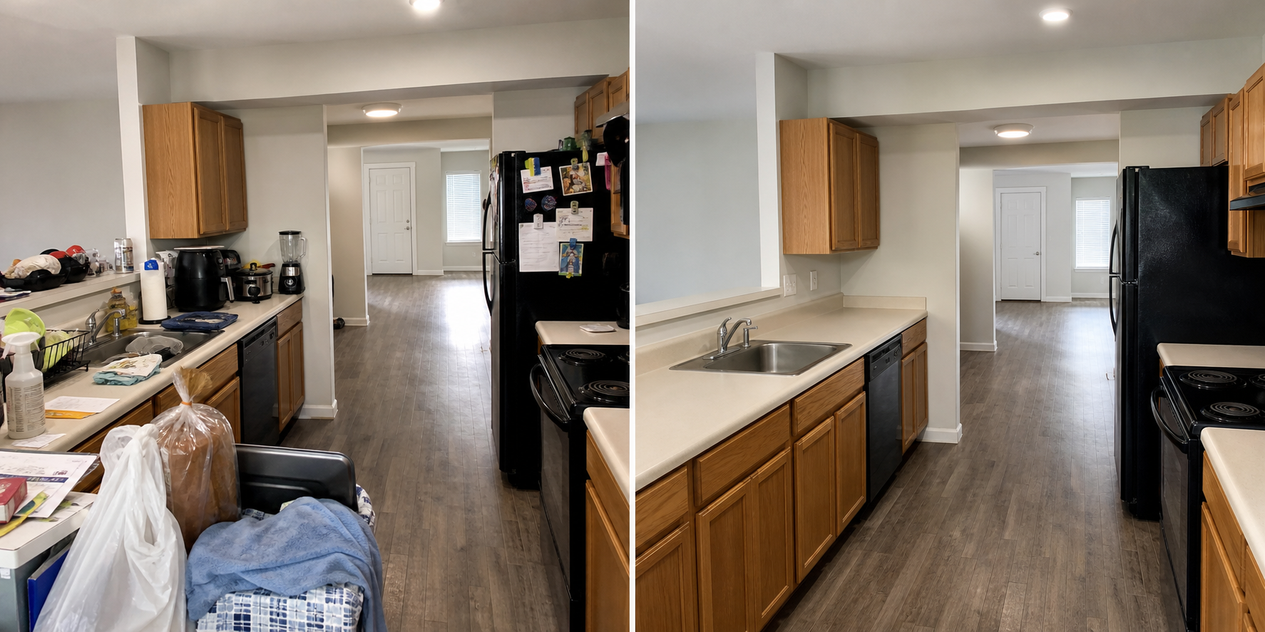 Before and after rental kitchen cleanup example