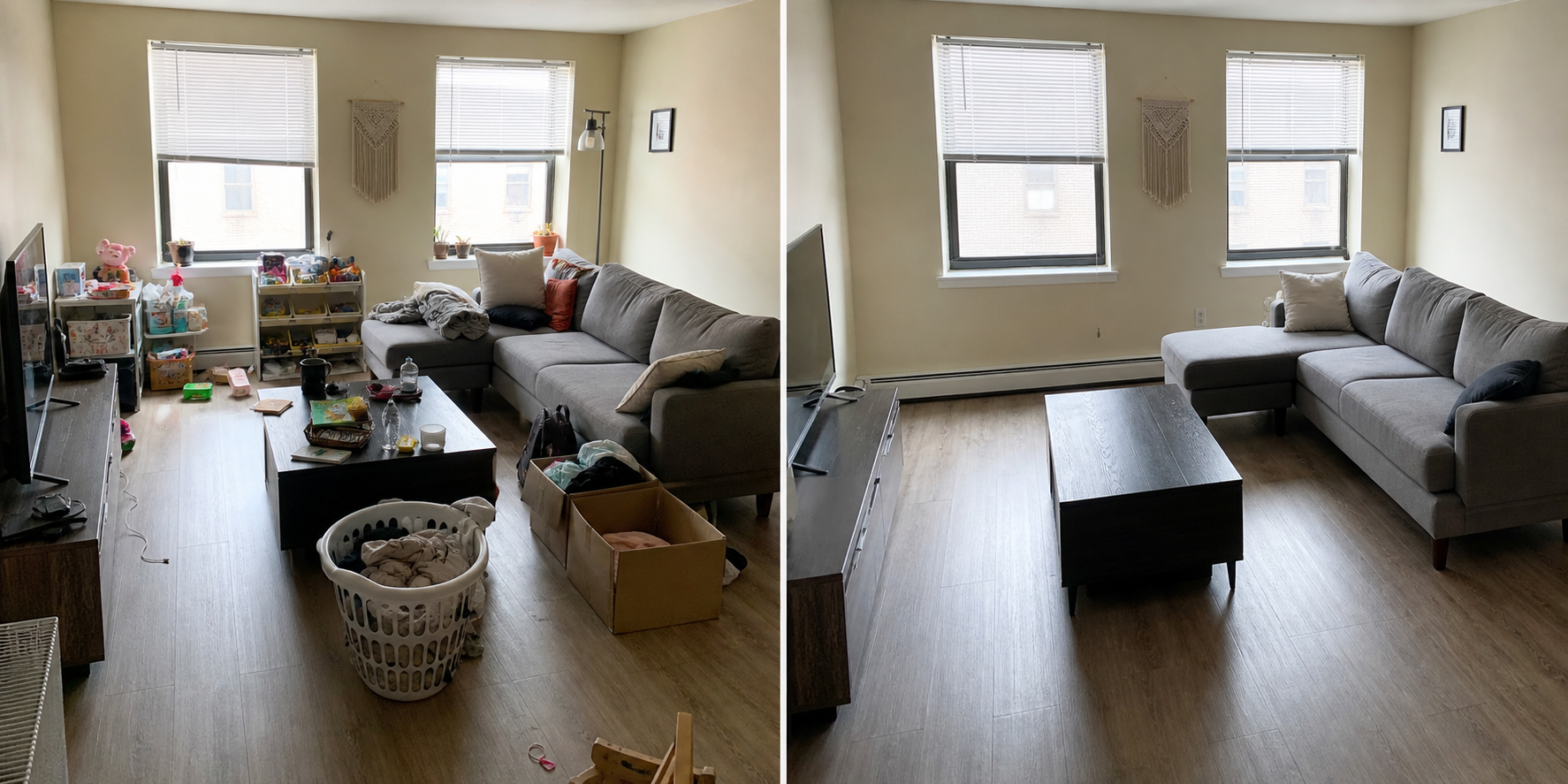 Before and after rental living room cleanup example