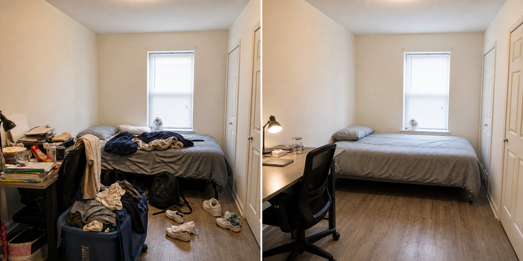 Before and after student housing bedroom cleanup example